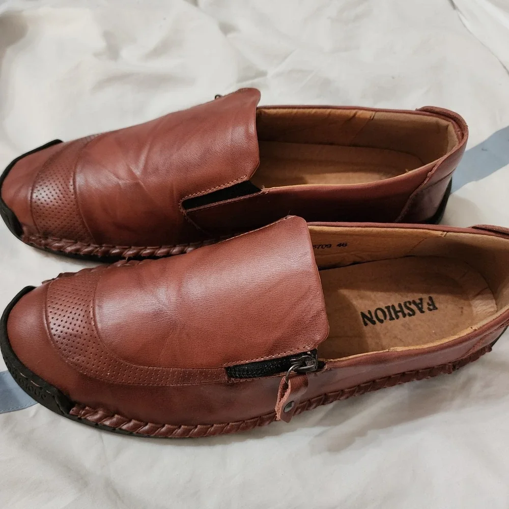 Mens Faux Leather  Casual‎ Slip On Loafers Zip, 100% CAOUTTCHOUC Tan Size 46